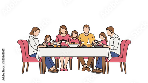 Heartwarming family dinner illustration of three generations gathering around table, sharing food, drinks, and laughter, creating memories, perfect for family values