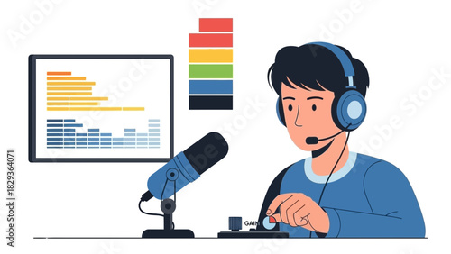 Podcast creator fine tuning audio levels, modern broadcast studio setup, creating engaging content, vector illustration, ideal for media and communication themes