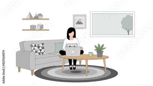 Cozy home office workspace with focused woman working remotely on laptop, capturing a modern, relaxed vibe perfect for lifestyle and business visuals