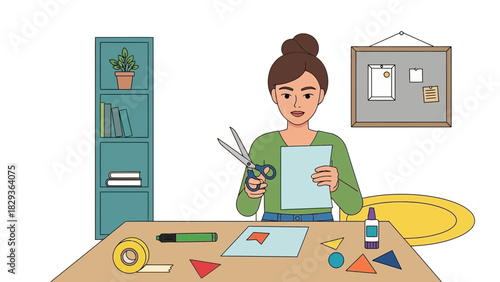 Young woman crafting vibrant paper art at her desk, using scissors to create unique shapes for a creative project, perfect for DIY and hobby content
