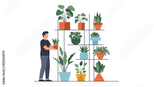 Bring the Outdoors In Man Arranging Stylish Potted Plants on Shelves Home Decor Gardening Greenery Indoor Oasis Modern Minimalist Design Home Improvement