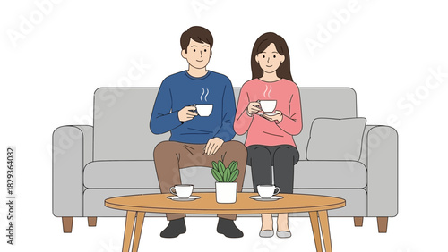 Couple relaxing at home on sofa with coffee, enjoying peaceful moment together, simple clean graphic illustration for lifestyle brand, vector origin