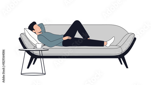 Man relaxing on couch with a cup of coffee, perfect for depicting relaxation, rest, downtime, or taking a break; ideal for lifestyle and health content