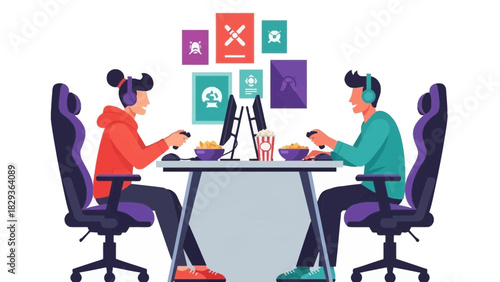 Gaming buddies enjoying esports competition, friends playing video games with headsets and popcorn, casual online multiplayer fun, vector illustration