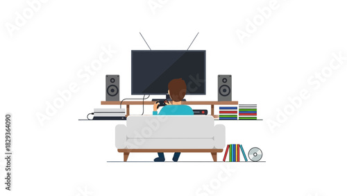 Relaxing at home enjoying video games on the sofa, immersed in digital entertainment, a moment of personal leisure and fun with technology