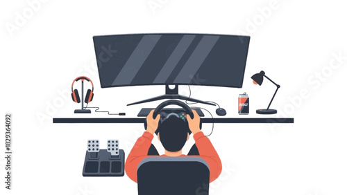 Immersive gaming setup with steering wheel and pedals, perfect for esports enthusiasts and simulation game lovers, experience the thrill of virtual racing