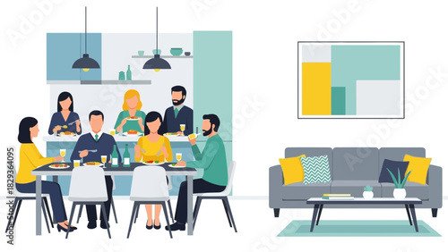 Warm and inviting dinner party with friends in a modern home, creating happy memories around the table, perfect for lifestyle and family content about connection