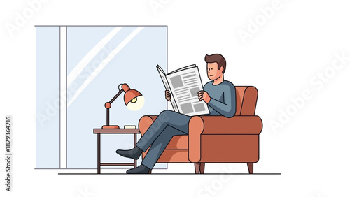 Man relaxing in armchair reading newspaper, enjoying quiet time, modern lifestyle, professional, casual, vector graphic, reading news, home comfort