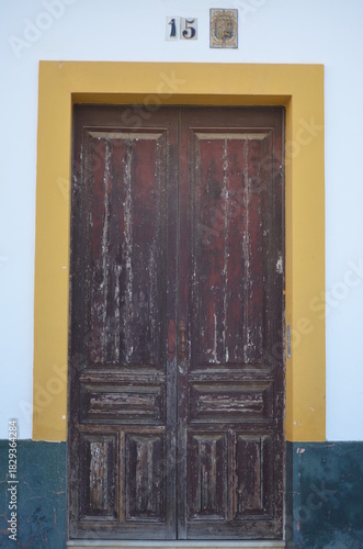 Antique door restored in brown color