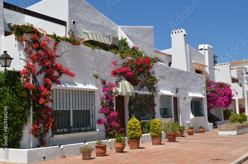 White Arab-style houses in Malaga, Spain, adorned with beautiful flowers, Taken 2013-08-10 Malaga Spain
