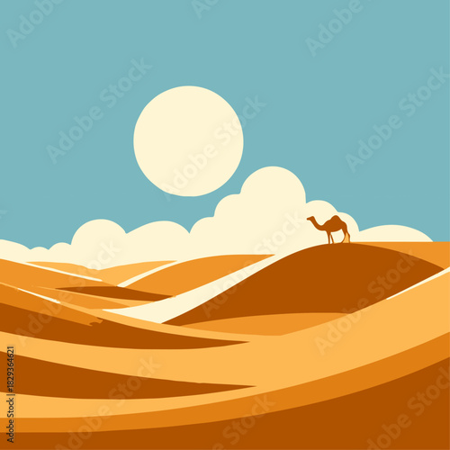 Flat vector of Dubai desert with camel silhouette