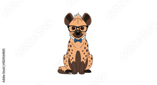 A charming and intelligent-looking cartoon hyena sits politely, sporting fashionable glasses and a neat blue bow tie.