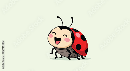 A cheerful and adorable cartoon ladybug with a bright red shell and black spots, smiling happily on a simple light green background.