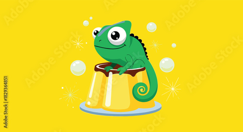 Whimsical green cartoon chameleon with big expressive eyes sitting cheerfully in a delicious yellow flan, surrounded by floating bubbles and sparkles.