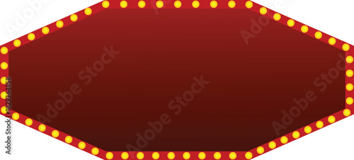 Octagonal classic dark red entertainment sign with bright yellow round marquee lights glowing around the border, perfect blank template for your advertising, event, cinema, casino, or theatre design.