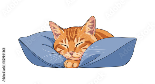 An adorable orange tabby cat is sound asleep, curled up comfortably on a soft blue pillow, showcasing a peaceful moment of rest.