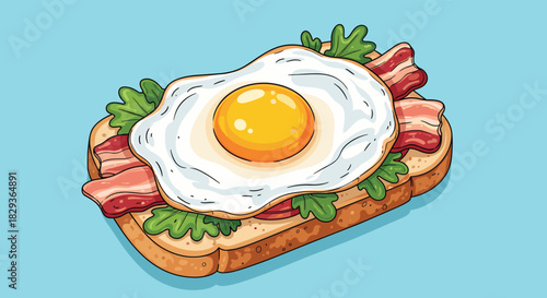 A charming cartoon illustration of a classic breakfast toast topped with a fried egg, crispy bacon, and fresh greens, set on a bright blue background.