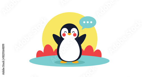 A happy cartoon penguin with rosy cheeks and outstretched wings stands in a colorful landscape with a speech bubble, radiating cheer.