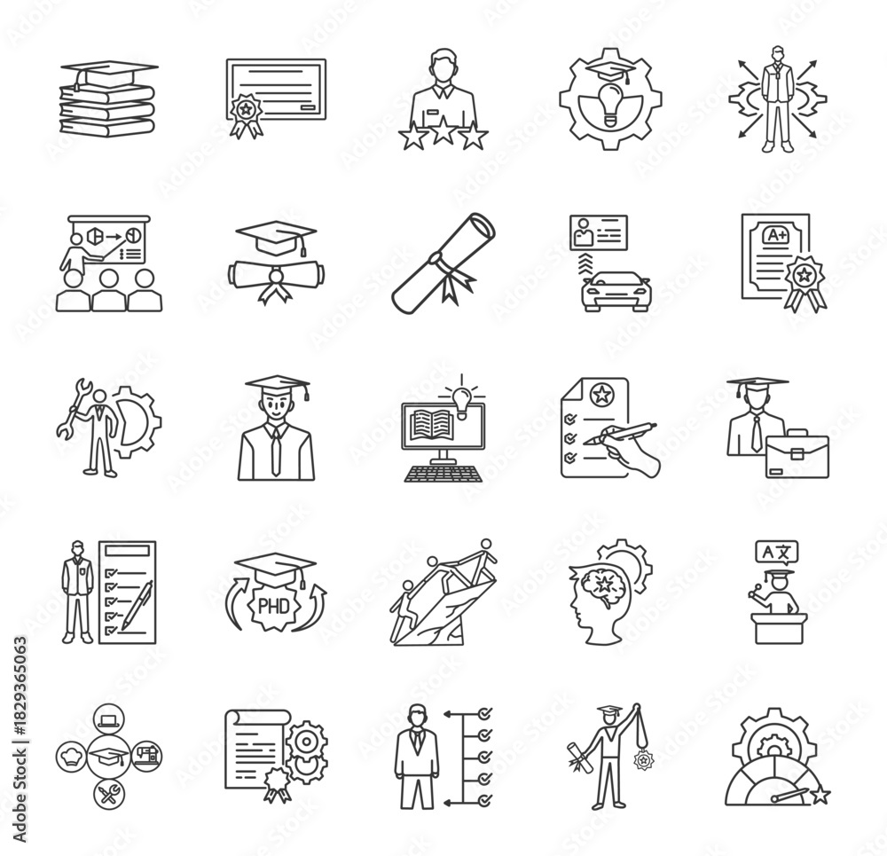 Fototapeta premium A collection of 25 icons of educational qualifications, certifications, experience, skills, competencies, training, bachelor's degrees, diplomas, driving licenses in thin line and white background.