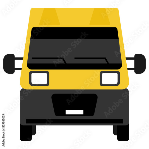 Yellow van front view, isolated transportation, logistics and delivery concept. This image features a yellow van viewed head-on against a plain background, perfect for transportation.