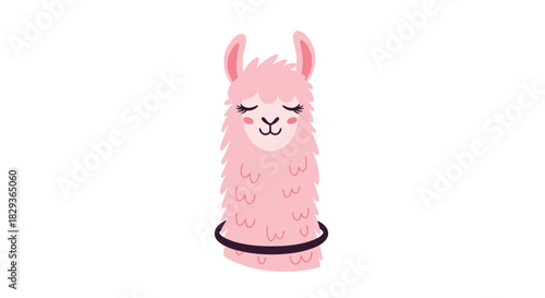 A charming cartoon pink llama is happily hula-hooping with closed eyes and a sweet smile, against a clean white background.