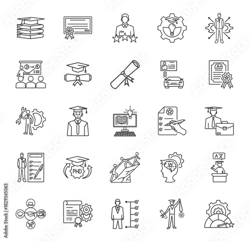 A collection of 25 icons of educational qualifications, certifications, experience, skills, competencies, training, bachelor's degrees, diplomas, driving licenses in thin line and white background.