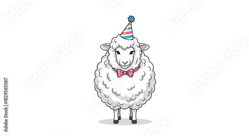 A charming cartoon sheep with a fluffy white fleece, adorned with a colorful party hat and a stylish pink bow tie, stands on a clean white background.