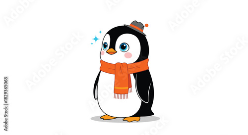 A charming cartoon penguin with bright blue eyes, wearing a cozy orange scarf and a stylish grey hat, standing against a clean white background.