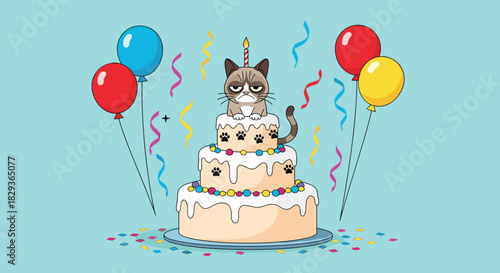 Grumpy Cat sits unhappily atop a three-tiered birthday cake adorned with paw prints and colorful sprinkles, surrounded by balloons and confetti.