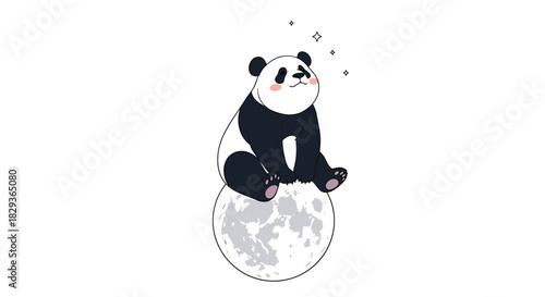 An adorable black and white panda character with a sweet smile sits peacefully on a gray moon, watching sparkling elements float above.