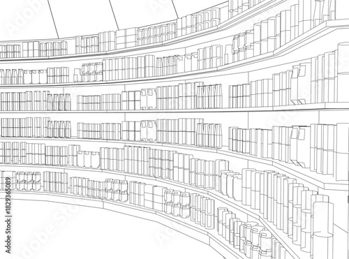 A black and white contour drawing of a shop interior with shelves filled with goods. The neat counters and shop-like arrangement create a well-stocked store appearance.