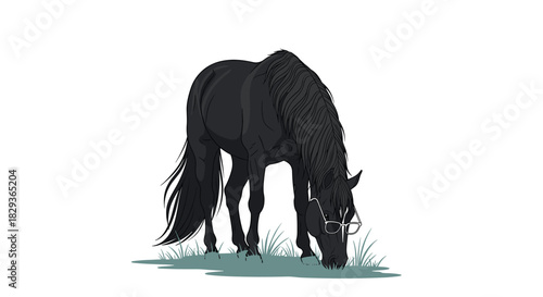 A black horse with a long mane and tail, wearing eyeglasses, grazes on a patch of green grass in a whimsical illustration.