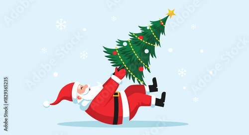 Santa Claus lies on the ground, holding a decorated Christmas tree as snowflakes gently fall around him, creating a festive winter scene.