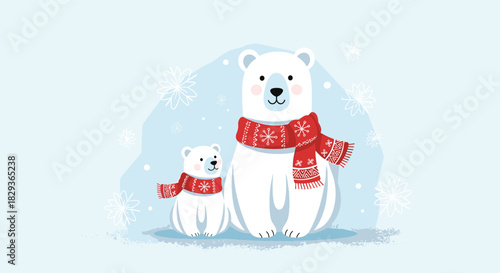 Two cute cartoon polar bears, an adult and a cub, wear red scarves while sitting together in a snowy winter landscape.