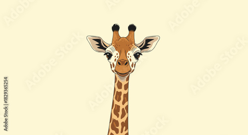 A friendly and appealing cartoon illustration of a giraffe's head and upper neck, featuring its unique patterns and a gentle expression.