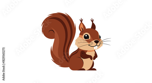 A cheerful and friendly cartoon squirrel with a bushy tail, bright eyes, and prominent front teeth, standing isolated on a white background.