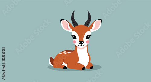 An adorable, cartoon-style fawn or baby gazelle with small horns and spots sits gently on a calm, light blue background.
