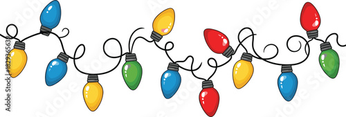 Bright, Colorful Christmas String Lights Border, Vector Illustration of Classic Retro Holiday Decoration, Festive Garland Design Element for Seasonal Greeting Cards and Winter Celebrations