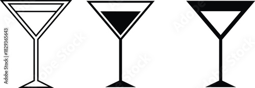 Abstract minimalistic martini cocktail glass icon vector set, outline filled silhouette graphic element, modern beverage celebration