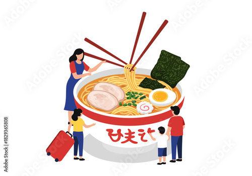 Family looking at giant bowl of ramen noodles. Suitable for food blogs, asian cuisine articles, restaurant menus, and print ads.