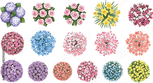 Top-Down AutoCAD Vector Illustration Set of Hydrangea, Roses, and Assorted Garden Flowers, Perfect for Landscaping Plans, Architectural Drawings, and Nature-Inspired Graphic Design Projects.