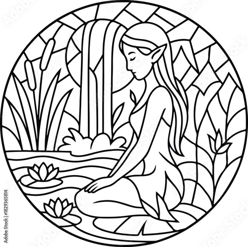 Water Nymph Stained illustration, Mythic Round Mosaic pattern, Fantasy Creatures Mosaic Clipart, Wizard Mosaic Mandala Design