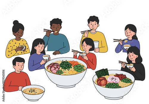 People eating ramen with chopsticks from bowls in an illustration suitable for food blogs, asian culture websites, restaurant menus.