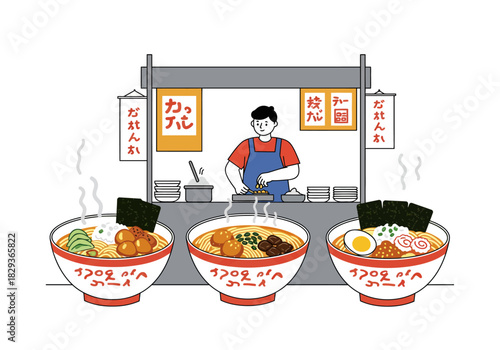 Ramen stand featuring a man serving delicious bowls of japanese noodles, perfect for food blogs, restaurant promotions, and asian cuisine websites.