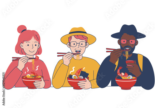Three people enjoying noodles with chopsticks. Ideal for food blogs, cultural websites, and asian cuisine promotions. Perfect for advertisements too.
