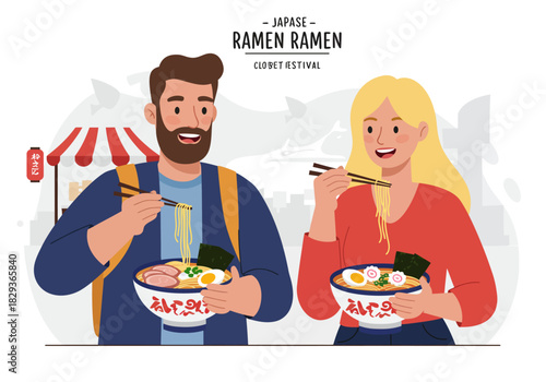 Man and woman enjoy japanese ramen at a street festival. Suitable for food blogs, cultural events promotion, asian cuisine advertisement.