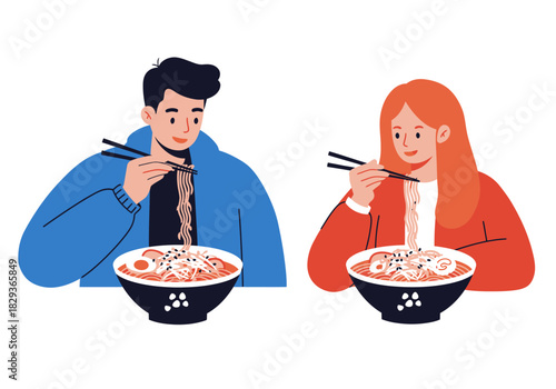 Two people enjoy hot ramen noodles with chopsticks. Perfect for food blogs, restaurant advertisements, asian cuisine promotions, and cultural designs.