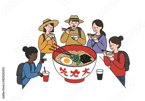 Group of hikers enjoying large bowl of ramen outdoors with chopsticks. Great for travel, food, outdoor adventure, camping themes.