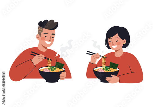 Two happy friends eating ramen with chopsticks, suitable for food blogs, asian cuisine promotions, or restaurant menus illustration.