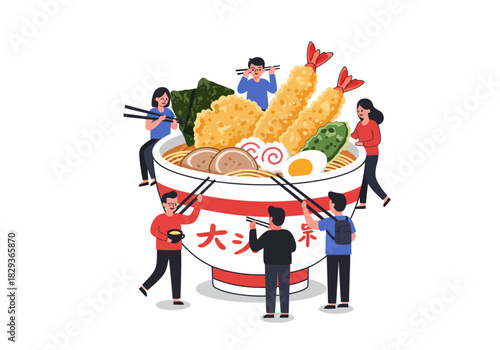 Group surrounds large ramen bowl with toppings, chopsticks. Ideal for restaurant menus, food blogs, and culinarythemed designs.
